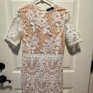White Lace and Beige Dress